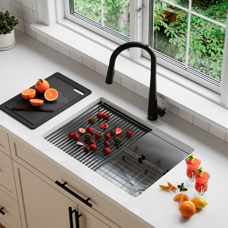 Stylish VERSA27 27" Workstation Single Bowl Undermount 16 Gauge Stainless Steel Kitchen Sink with Black Accessories - S-627WK