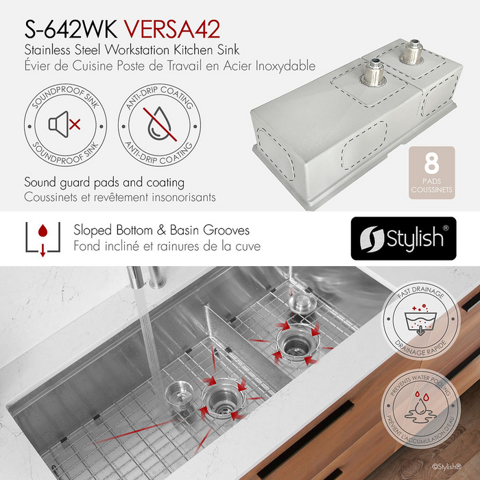 Stylish VERSA42 42" Workstation 70/30 Double Bowl Undermount 16 Gauge Stainless Steel Kitchen Sink with Black Accessories - S-642WK