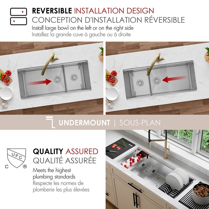 Stylish VERSA42 42" Workstation 70/30 Double Bowl Undermount 16 Gauge Stainless Steel Kitchen Sink with Black Accessories - S-642WK