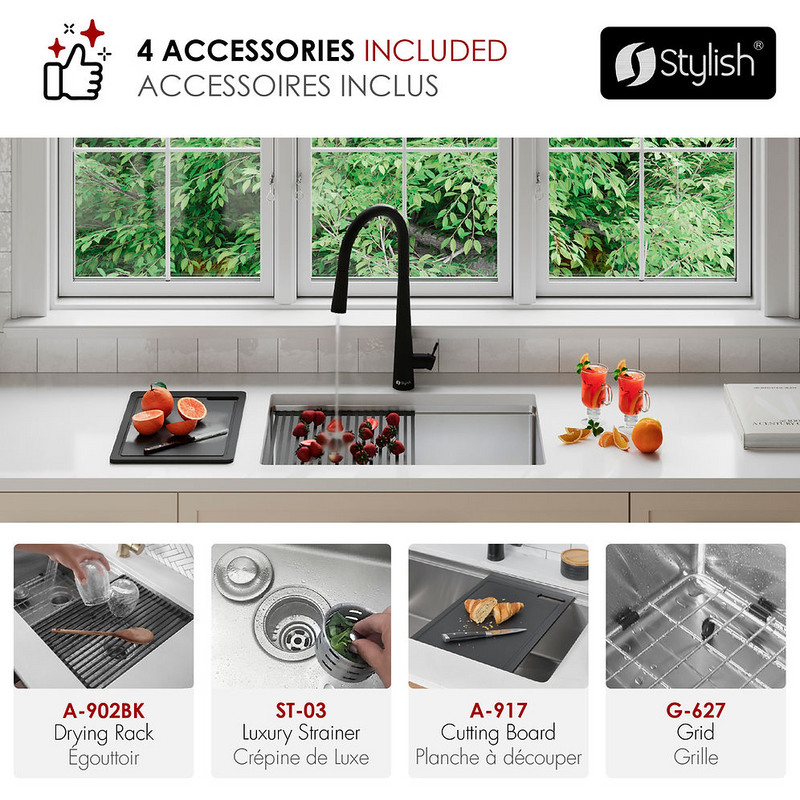 Stylish VERSA27 27" Workstation Single Bowl Undermount 16 Gauge Stainless Steel Kitchen Sink with Black Accessories - S-627WK