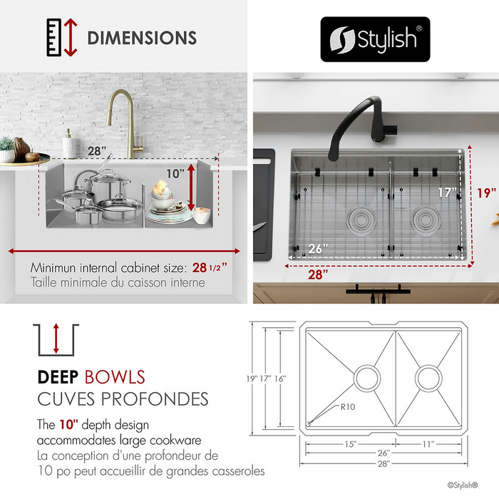 Stylish VERSA28 28" Workstation 60/40 Double Bowl Undermount 16 Gauge Stainless Steel Kitchen Sink with Black Accessories - S-628WK