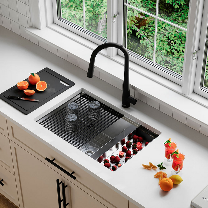 Stylish VERSA28 28" Workstation 60/40 Double Bowl Undermount 16 Gauge Stainless Steel Kitchen Sink with Black Accessories - S-628WK