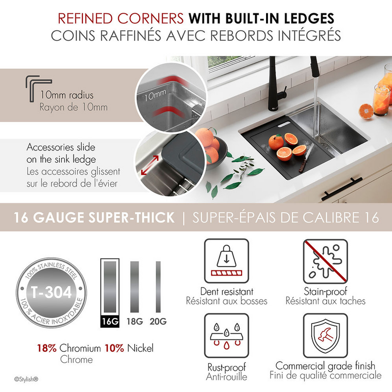 Stylish VERSA22 22" Workstation Single Bowl Undermount 16 Gauge Stainless Steel Kitchen Sink - S-622WK