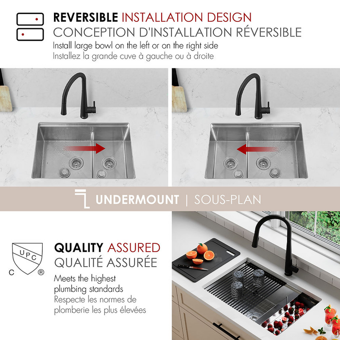 Stylish VERSA28 28" Workstation 60/40 Double Bowl Undermount 16 Gauge Stainless Steel Kitchen Sink with Black Accessories - S-628WK
