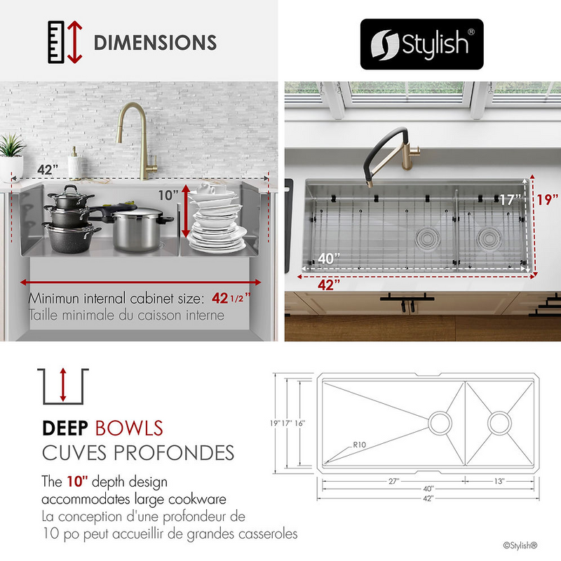 Stylish VERSA42 42" Workstation 70/30 Double Bowl Undermount 16 Gauge Stainless Steel Kitchen Sink with Black Accessories - S-642WK