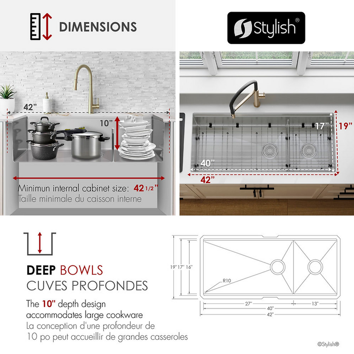 Stylish VERSA42 42" Workstation 70/30 Double Bowl Undermount 16 Gauge Stainless Steel Kitchen Sink with Black Accessories - S-642WK
