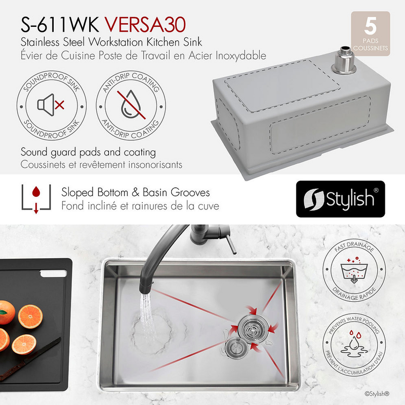 Stylish VERSA30 30" Workstation Single Bowl Undermount 16 Gauge Stainless Steel Kitchen Sink with Black Accessories - S-611WK