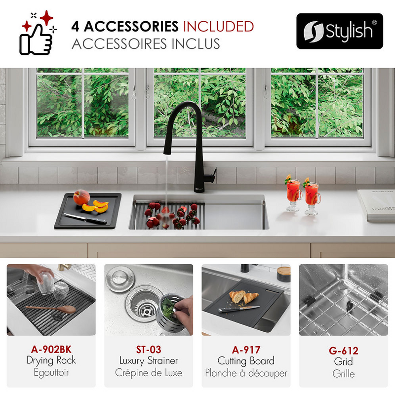 Stylish VERSA25 25" Workstation Single Bowl Undermount 16 Gauge Stainless Steel Kitchen Sink with Black Accessories - S-612WK