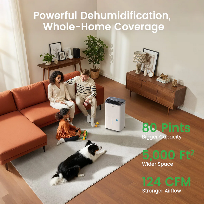 Waykar 80 Pints Energy Star Dehumidifier for Home, Dehumidifier with Drain Hose and 1.45 Gal Tank - CHWA80B