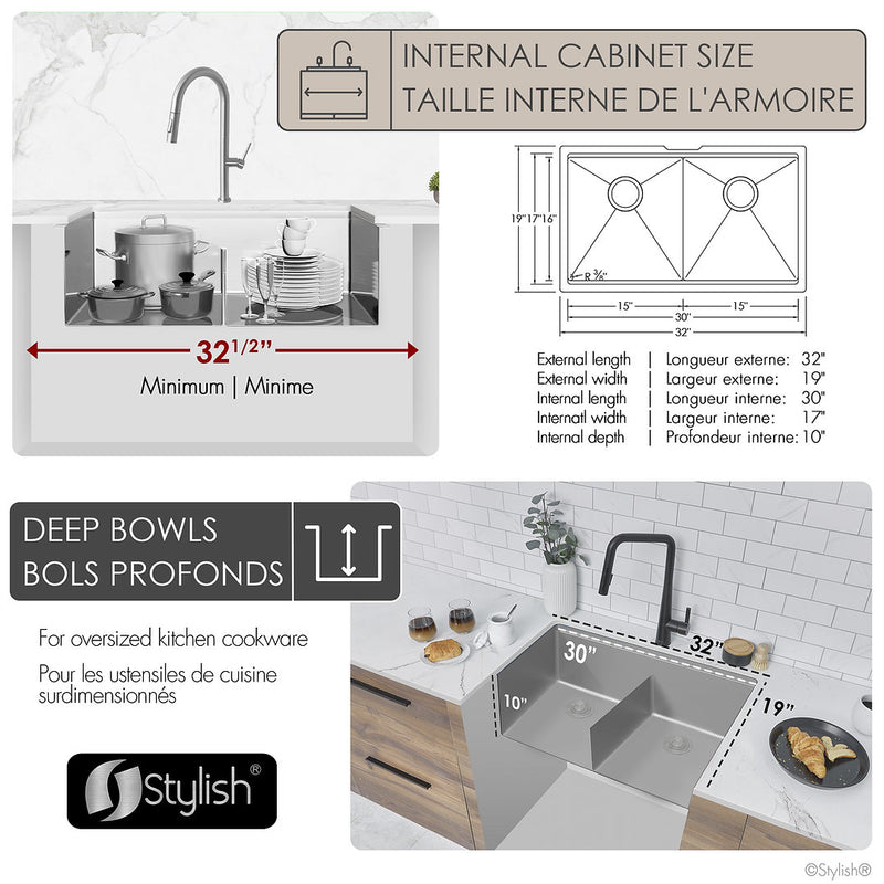 Stylish 32" VERSA32 S-601WK Undermount Workstation Double Bowl Stainless Steel Kitchen Sink with Accessories