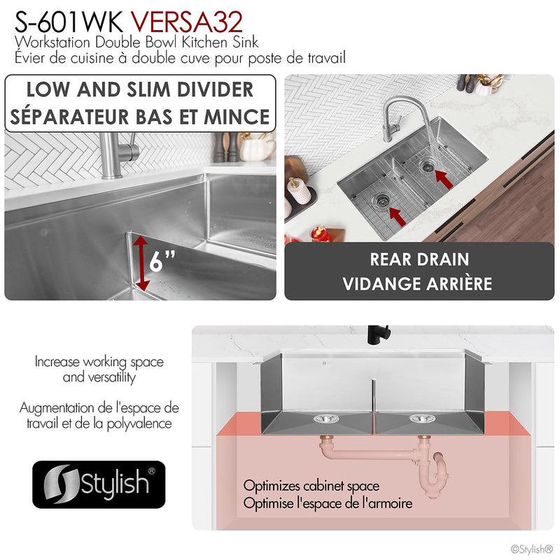 Stylish 32" VERSA32 S-601WK Undermount Workstation Double Bowl Stainless Steel Kitchen Sink with Accessories