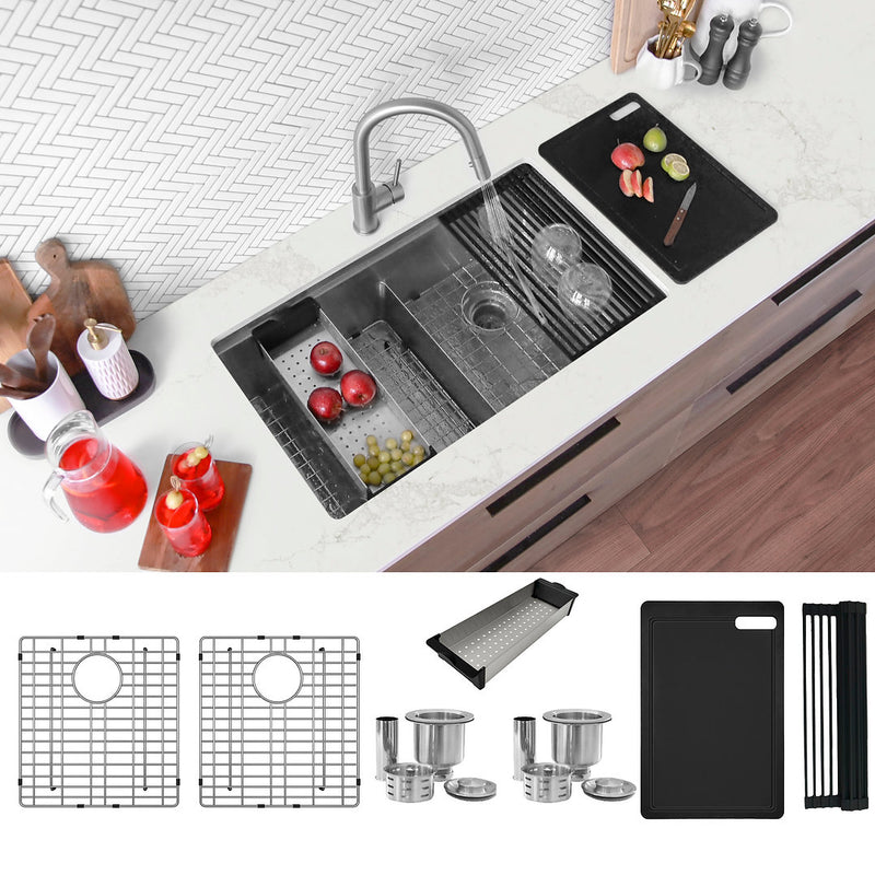 Stylish 32" VERSA32 S-601WK Undermount Workstation Double Bowl Stainless Steel Kitchen Sink with Accessories