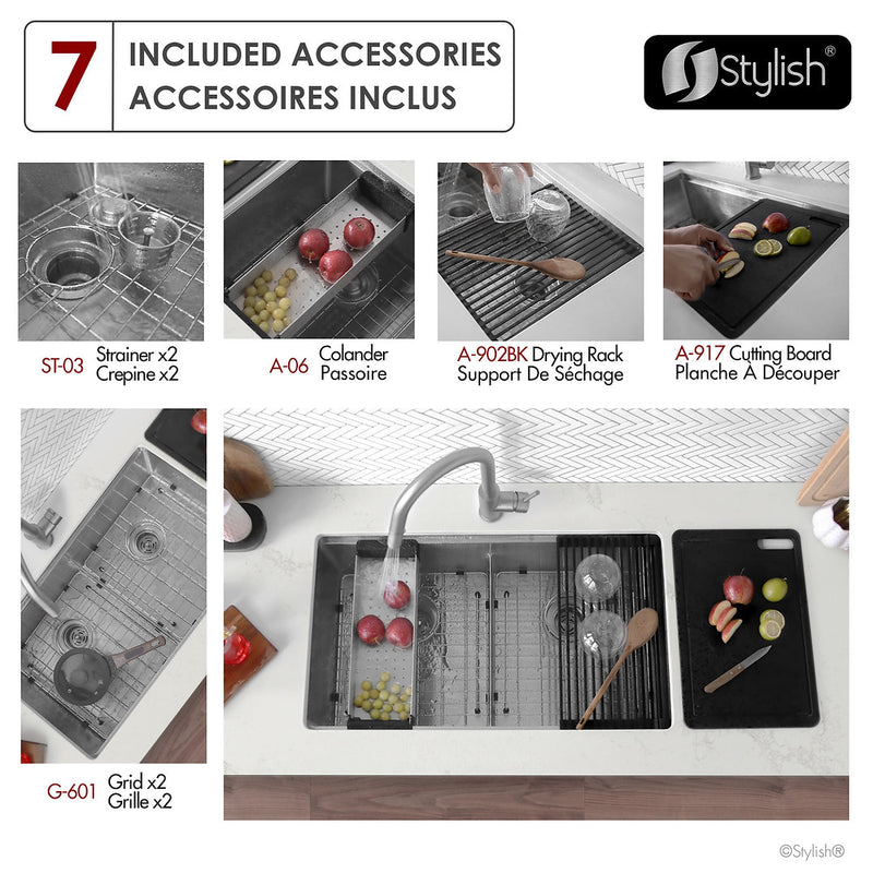 Stylish 32" VERSA32 S-601WK Undermount Workstation Double Bowl Stainless Steel Kitchen Sink with Accessories