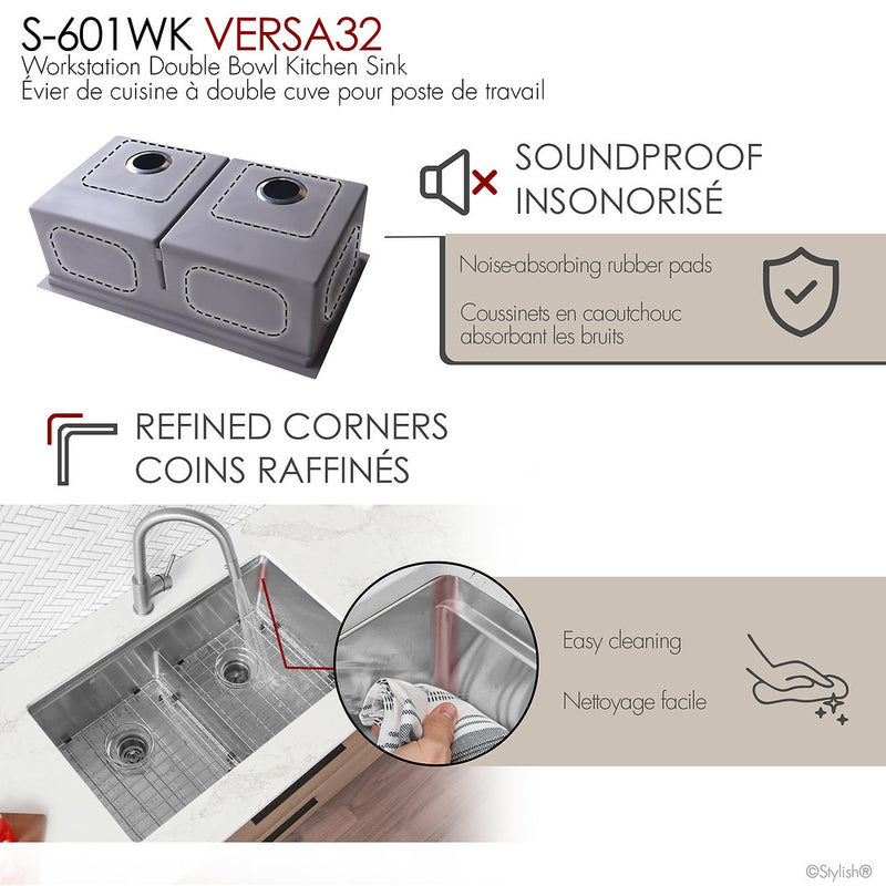 Stylish 32" VERSA32 S-601WK Undermount Workstation Double Bowl Stainless Steel Kitchen Sink with Accessories