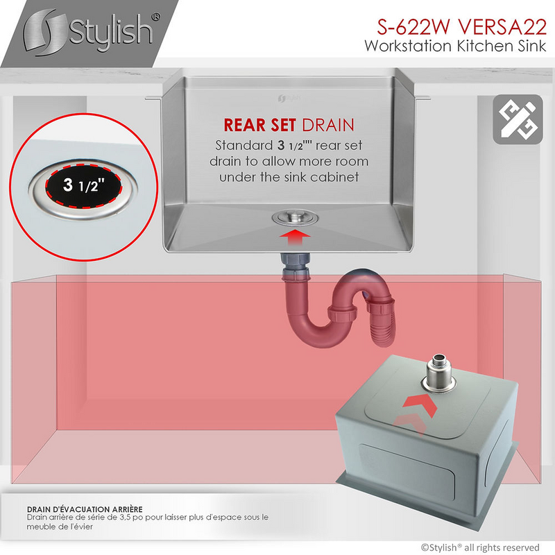 Stylish VERSA22 22" Workstation Single Bowl Undermount 16 Gauge Stainless Steel Kitchen Sink with Built in Accessories - S-622W