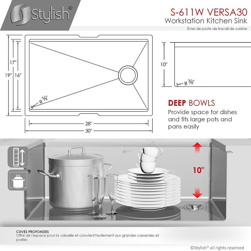 Stylish 30" VERSA30 S-611W Workstation Single Bowl Undermount Stainless Steel Kitchen Sink with Accessories