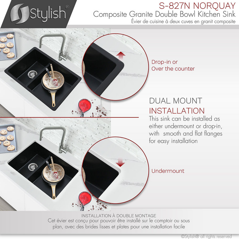Stylish NORQUAY 27" Dual Mount 60/40 Double Bowl Composite Granite Kitchen Sink with Strainer