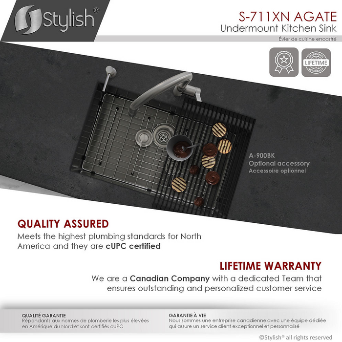 Stylish Agate 30" Graphite Black Single Bowl Undermount Stainless Steel Kitchen Sink with Grid & Basket Strainer - S-711XN