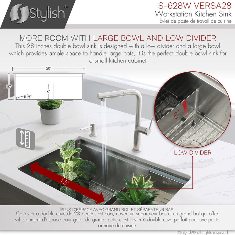 Stylish 28" VERSA28 S-628W Workstation 60/40 Double Bowl Undermount Stainless Steel Kitchen Sink with Accessories
