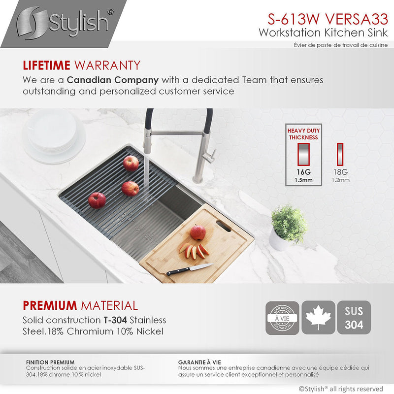 Stylish 33" VERSA33 S-613W Undermount Workstation Stainless Steel Single-Bowl Kitchen Sink with Accessories