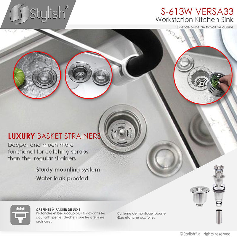 Stylish 33" VERSA33 S-613W Undermount Workstation Stainless Steel Single-Bowl Kitchen Sink with Accessories