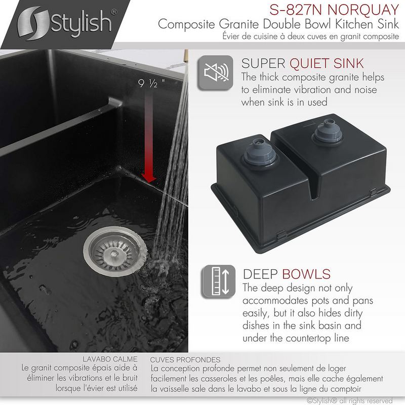 Stylish NORQUAY 27" Dual Mount 60/40 Double Bowl Composite Granite Kitchen Sink with Strainer