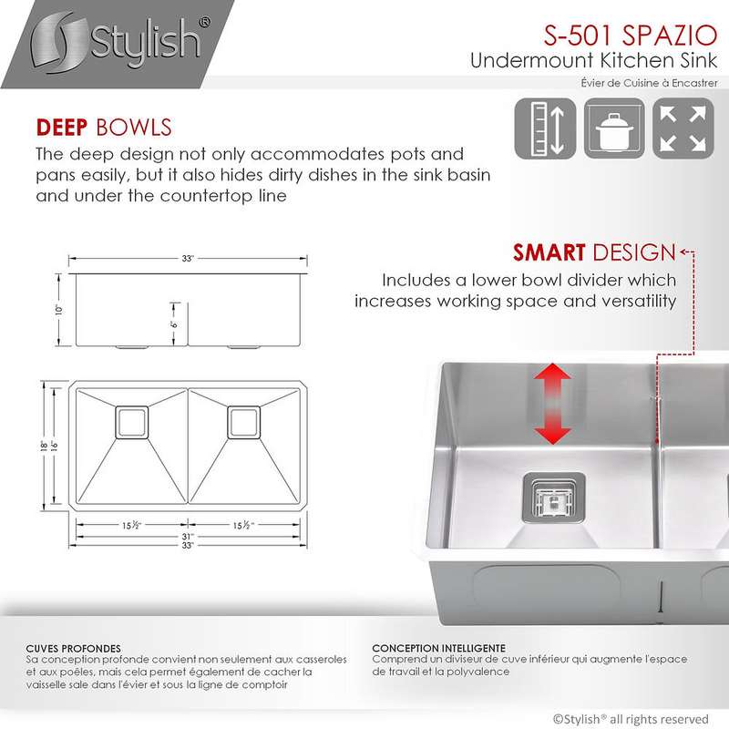 Stylish SPAZIO 33" Double Bowl Kitchen Sink, 16 Gauge Stainless Steel with Grids and Square Basket Strainers - S-501XG