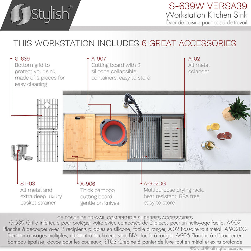 Stylish 39" VERSA39 S-639W Workstation Single Bowl Undermount 16 Gauge Stainless Steel Kitchen Sink with Accessories