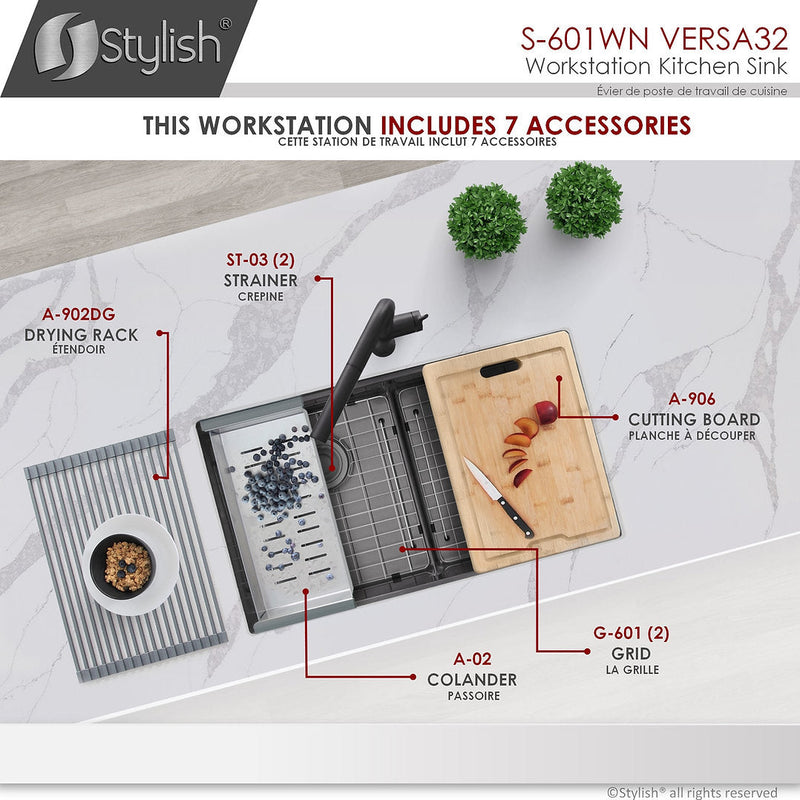 Stylish 32" VERSA32 S-601WN Workstation Double Bowl Undermount  Stainless Steel Kitchen Sink with Accessories