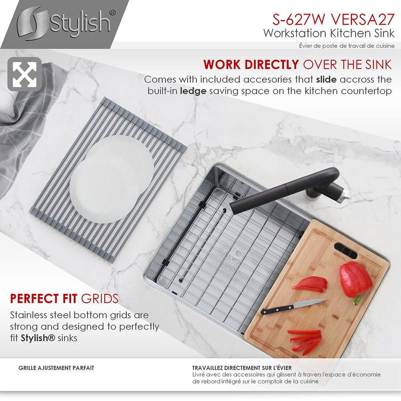 Stylish VERSA27 27" Workstation Single Bowl Undermount 16 Gauge Stainless Steel Kitchen Sink with Built in Accessories - S-627W