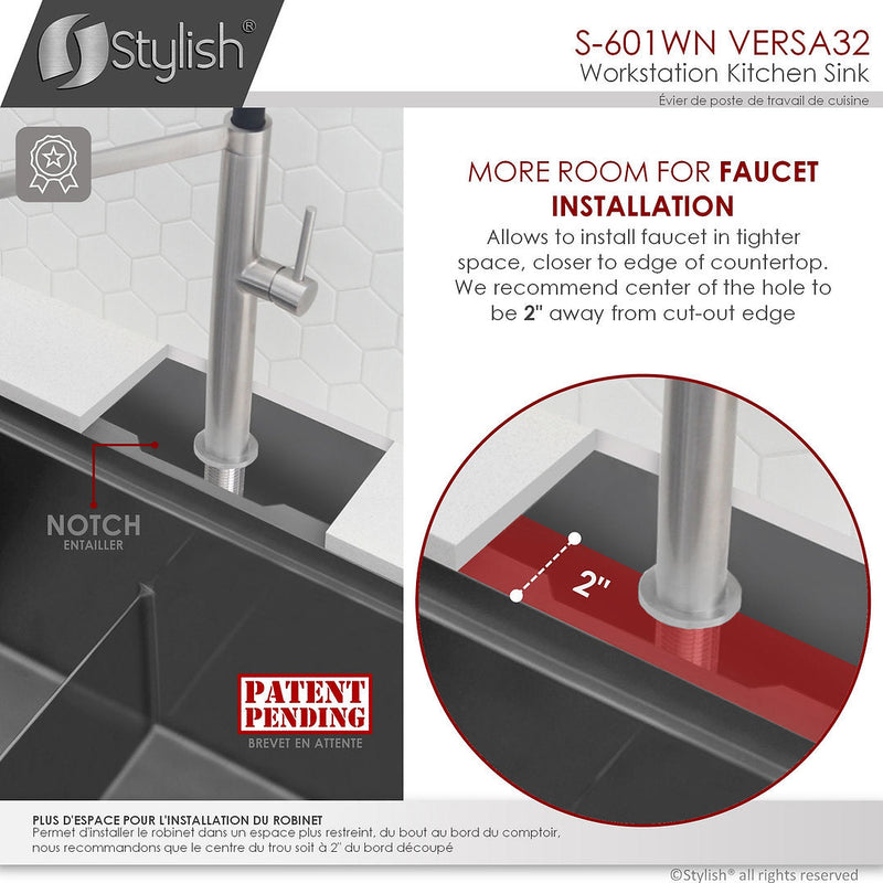 Stylish 32" VERSA32 S-601WN Workstation Double Bowl Undermount  Stainless Steel Kitchen Sink with Accessories