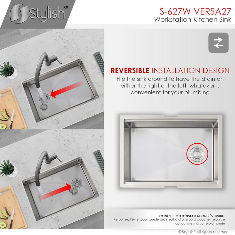Stylish VERSA27 27" Workstation Single Bowl Undermount 16 Gauge Stainless Steel Kitchen Sink with Built in Accessories - S-627W