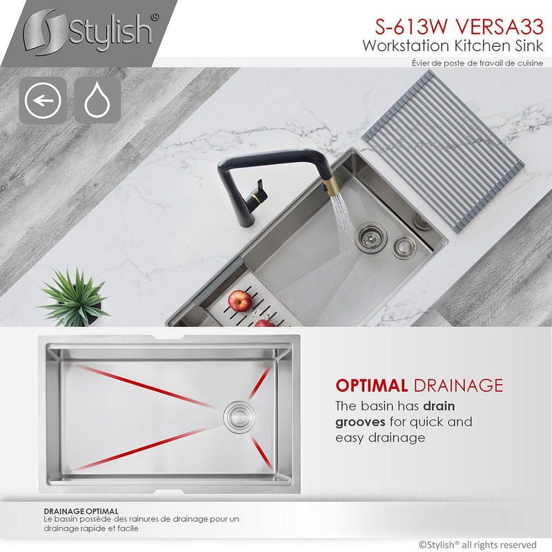 Stylish 33" VERSA33 S-613W Undermount Workstation Stainless Steel Single-Bowl Kitchen Sink with Accessories
