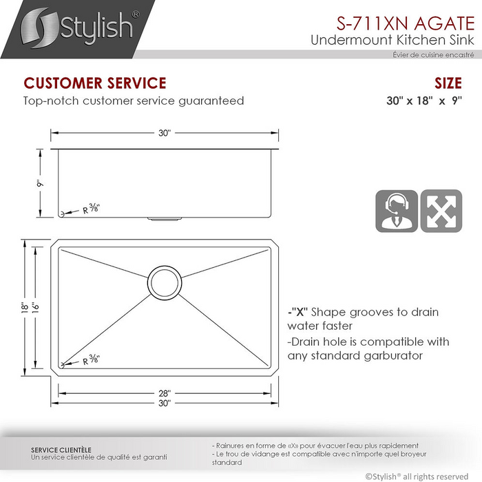 Stylish Agate 30" Graphite Black Single Bowl Undermount Stainless Steel Kitchen Sink with Grid & Basket Strainer - S-711XN