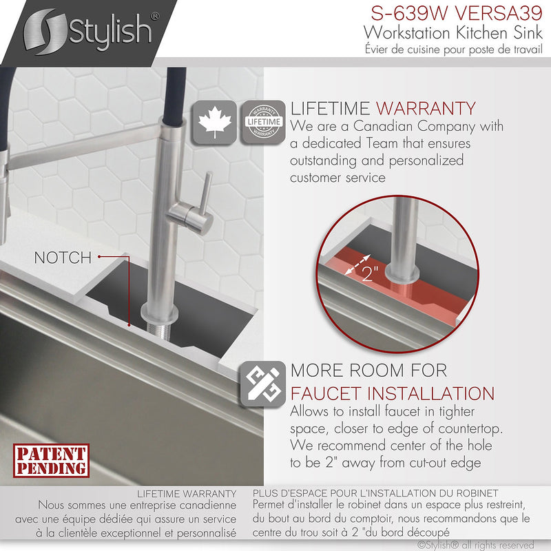 Stylish 39" VERSA39 S-639W Workstation Single Bowl Undermount 16 Gauge Stainless Steel Kitchen Sink with Accessories