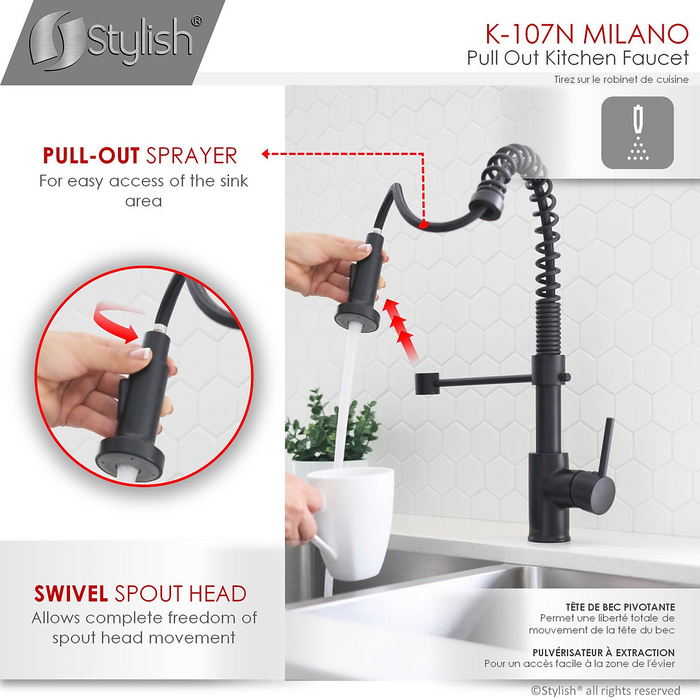 Stylish Milano Single Handle Pull Down Kitchen Faucet - Matte Black - K-107N