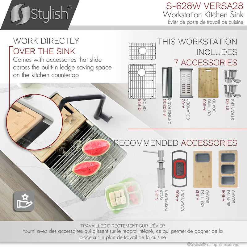 Stylish 28" VERSA28 S-628W Workstation 60/40 Double Bowl Undermount Stainless Steel Kitchen Sink with Accessories