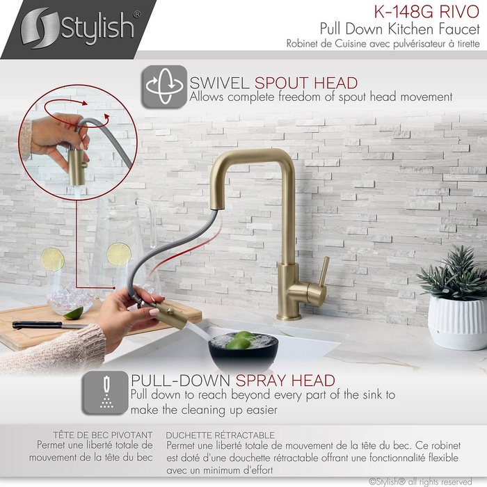 Stylish RIVO Single Handle Pull Down Kitchen Faucet