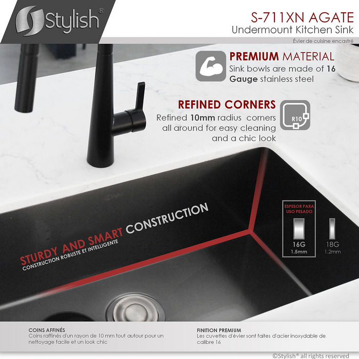 Stylish Agate 30" Graphite Black Single Bowl Undermount Stainless Steel Kitchen Sink with Grid & Basket Strainer - S-711XN