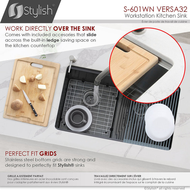 Stylish 32" VERSA32 S-601WN Workstation Double Bowl Undermount  Stainless Steel Kitchen Sink with Accessories