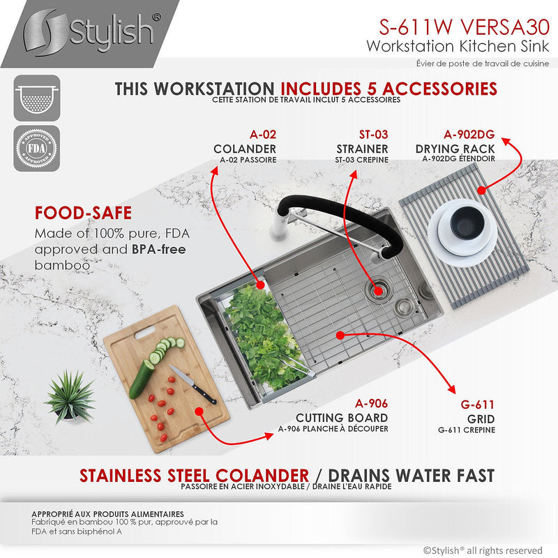 Stylish 30" VERSA30 S-611W Workstation Single Bowl Undermount Stainless Steel Kitchen Sink with Accessories