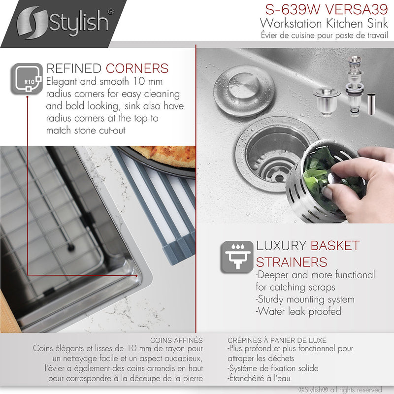 Stylish 39" VERSA39 S-639W Workstation Single Bowl Undermount 16 Gauge Stainless Steel Kitchen Sink with Accessories
