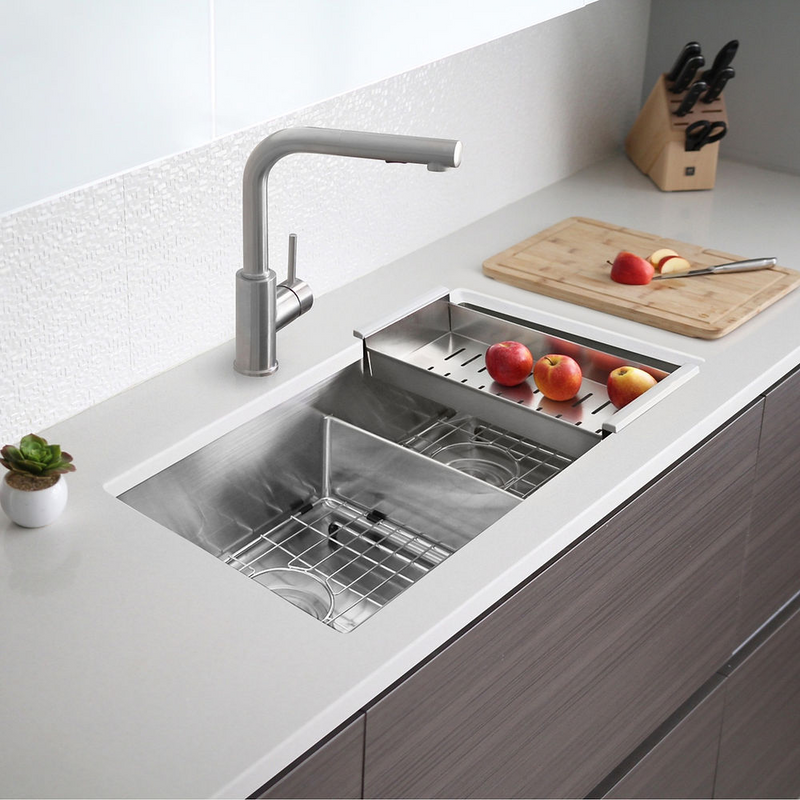 Stylish AMPLE 32" Double Bowl Kitchen Sink, 16 Gauge Stainless Steel with Grids and Basket Strainers - S-321XG
