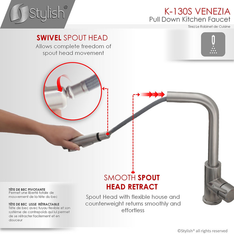 Stylish VENEZIA Single Handle Pull Down Kitchen Faucet