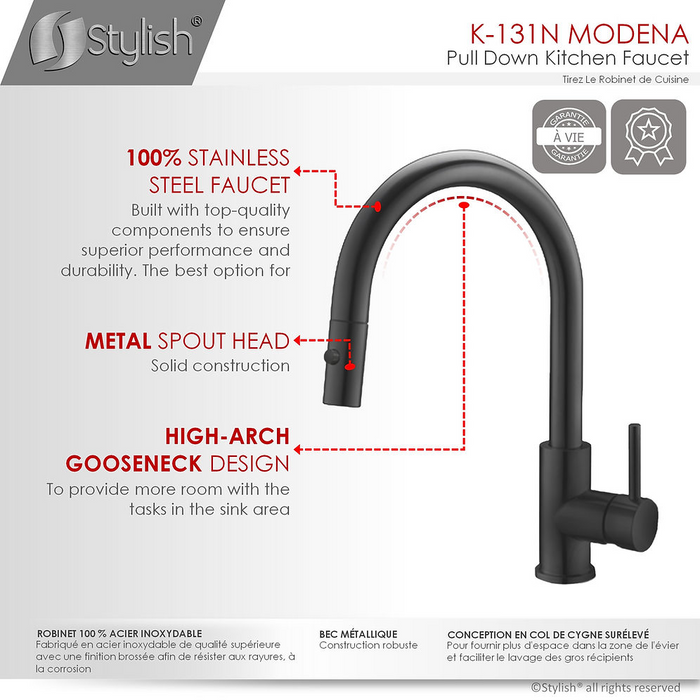 Stylish Modena Pull Down Kitchen Faucet & Soap Dispenser