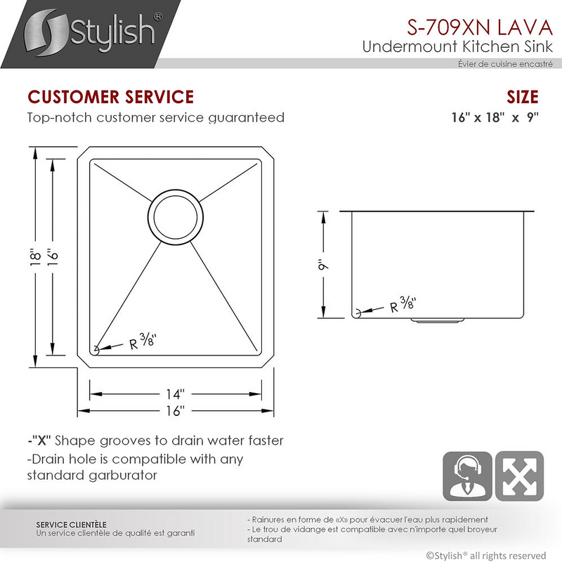 Stylish Lava 16" Graphite Black Single Bowl Undermount Stainless Steel Kitchen Sink with Grid & Basket Strainer - S-709XN