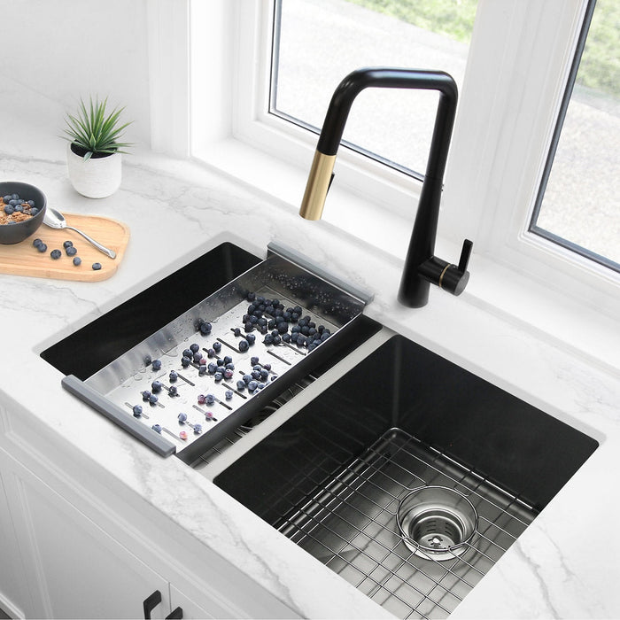 Stylish 32" OPAL S-701XN Graphite Black Double Bowl Undermount Stainless Steel Kitchen Sink with Grids and Basket Strainers