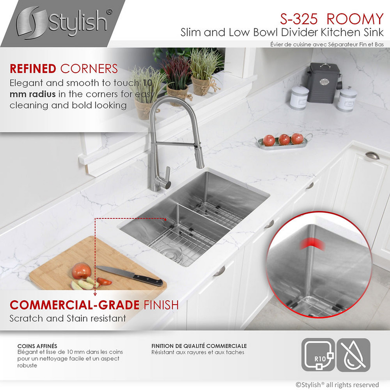 Stylish ROOMY 32" Double Bowl Kitchen Sink, 16 Gauge Stainless Steel with Grids and Basket Strainers - S-325XG