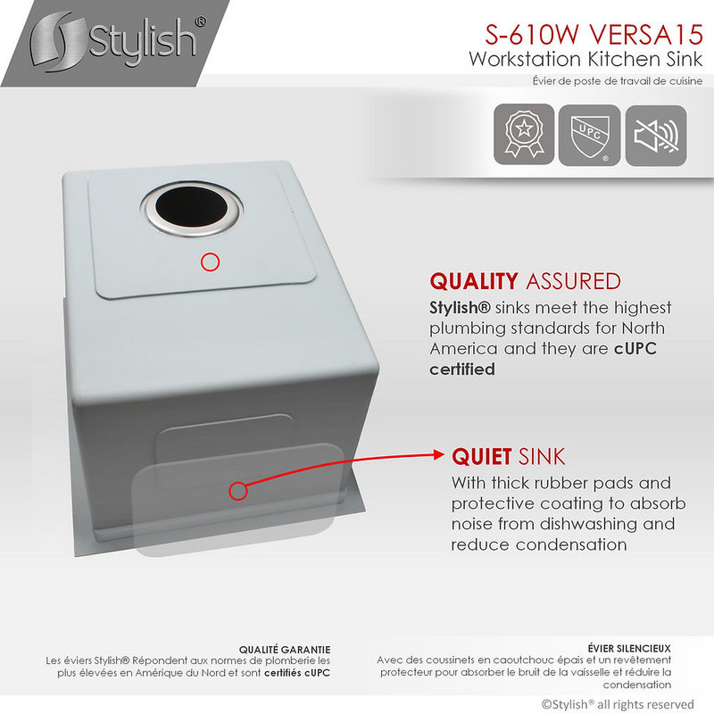 Stylish VERSA15 15" Workstation Single Bowl Undermount 16 Gauge Stainless Steel Kitchen Sink with Built in Accessories - S-610W