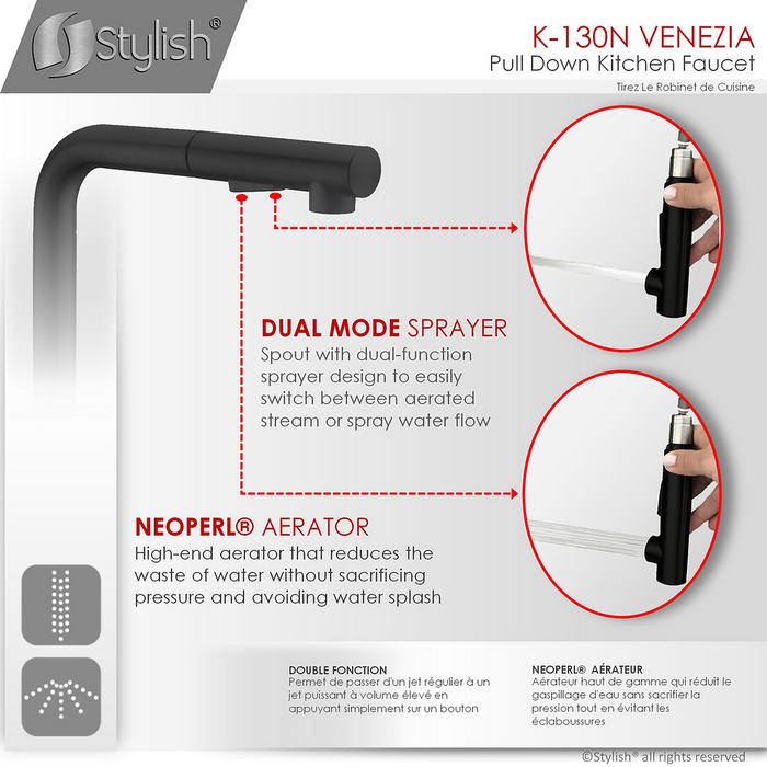 Stylish VENEZIA 1.5 GPM Pull Down Kitchen Faucet + Soap Dispenser - Matte Black Finish - K130NS01N